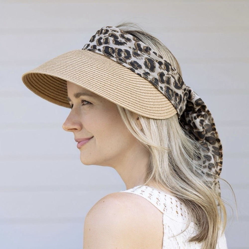 August Hat Company Straw Visor Sun Hat Animal Print Adjustable Tie Beach Travel - Picture 2 of 11